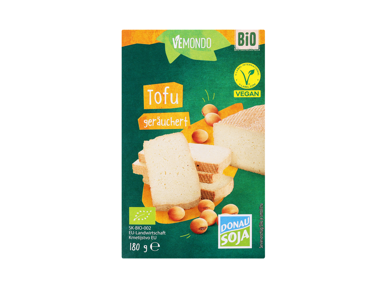 Dimljen tofu v rezinah in kockah, z oznakami za ekološko in vegansko poreklo.