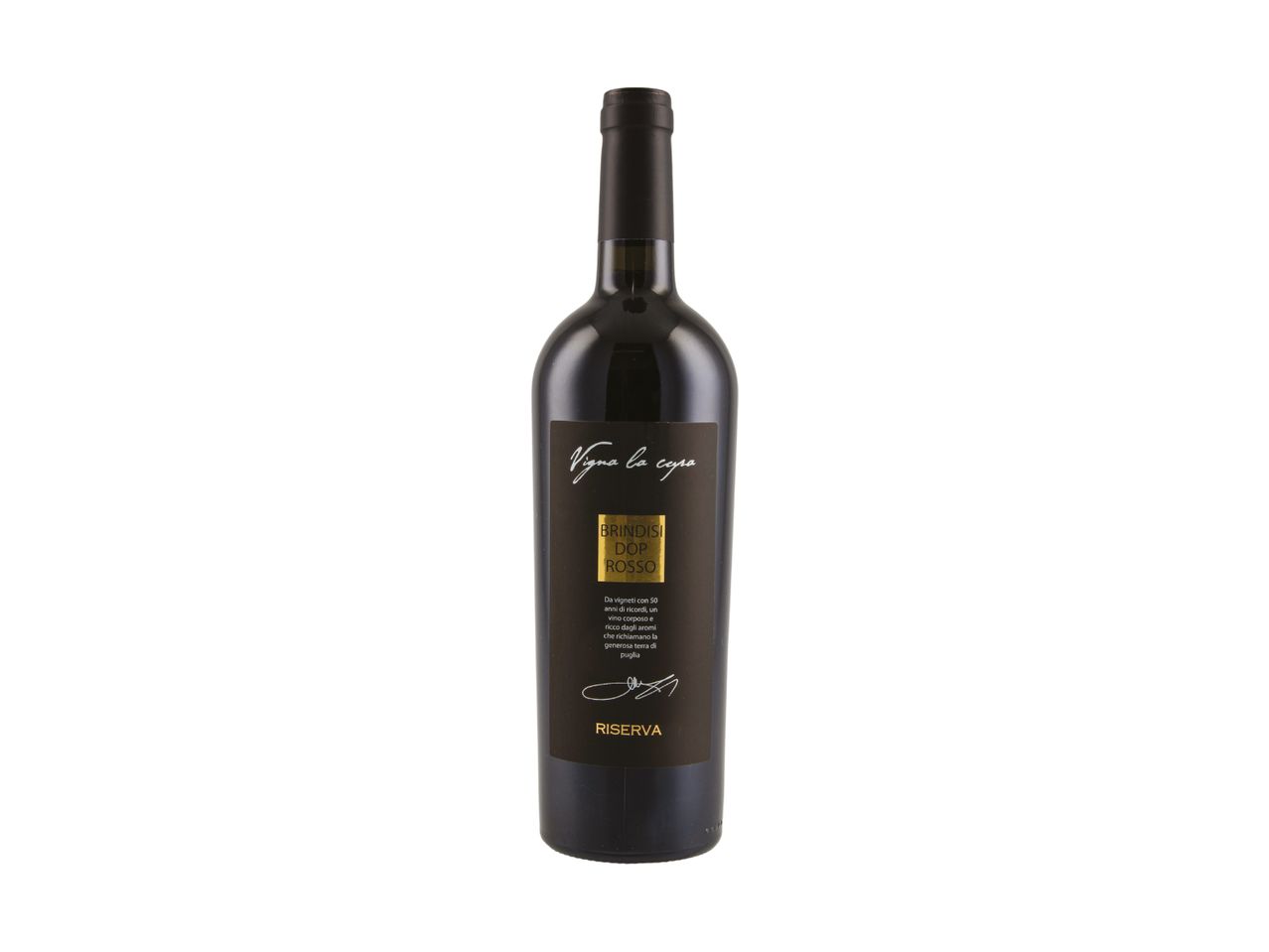 A bottle of red wine with a black label, featuring the text 'BRINDISI DOP ROSSO' and 'RISERVA'.