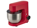 Robot de bucătărie roșu cu bol din oțel inoxidabil și afișaj digital.