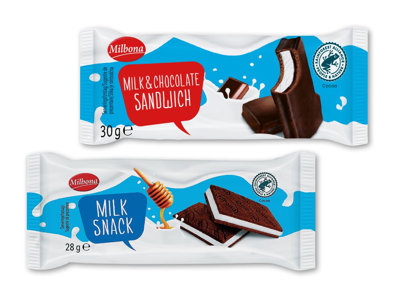 To pakker mælkesnacks: en mælke- og chokoladesandwich og en mælkesnack med honning.