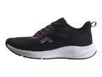 Black and white athletic shoe with orange accents, side view.