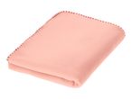 Folded pink fleece blanket with red stitching along the edges