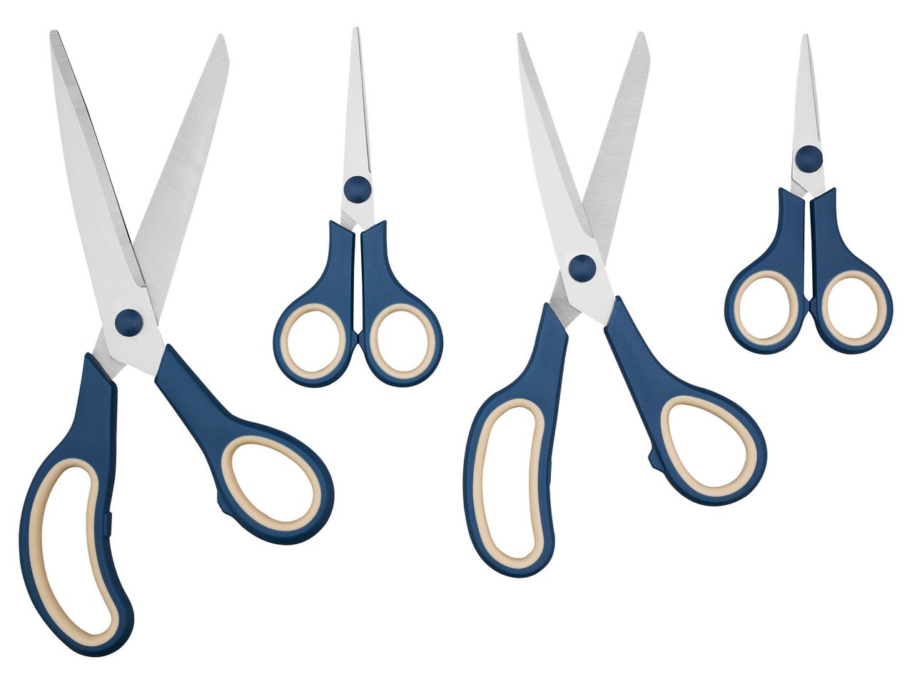 Four pairs of blue and beige scissors, two large and two small, in various open and closed positions.