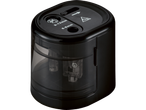 A black electric pencil sharpener with two sharpening holes for different pencil sizes.