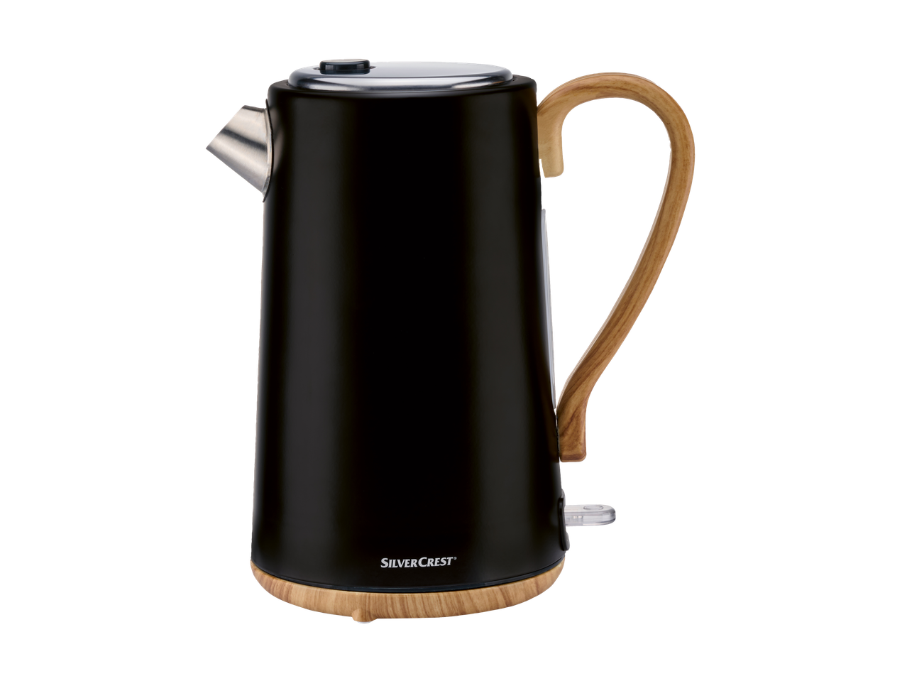 SILVERCREST® KITCHEN TOOLS black kettle with a wooden handle and base.