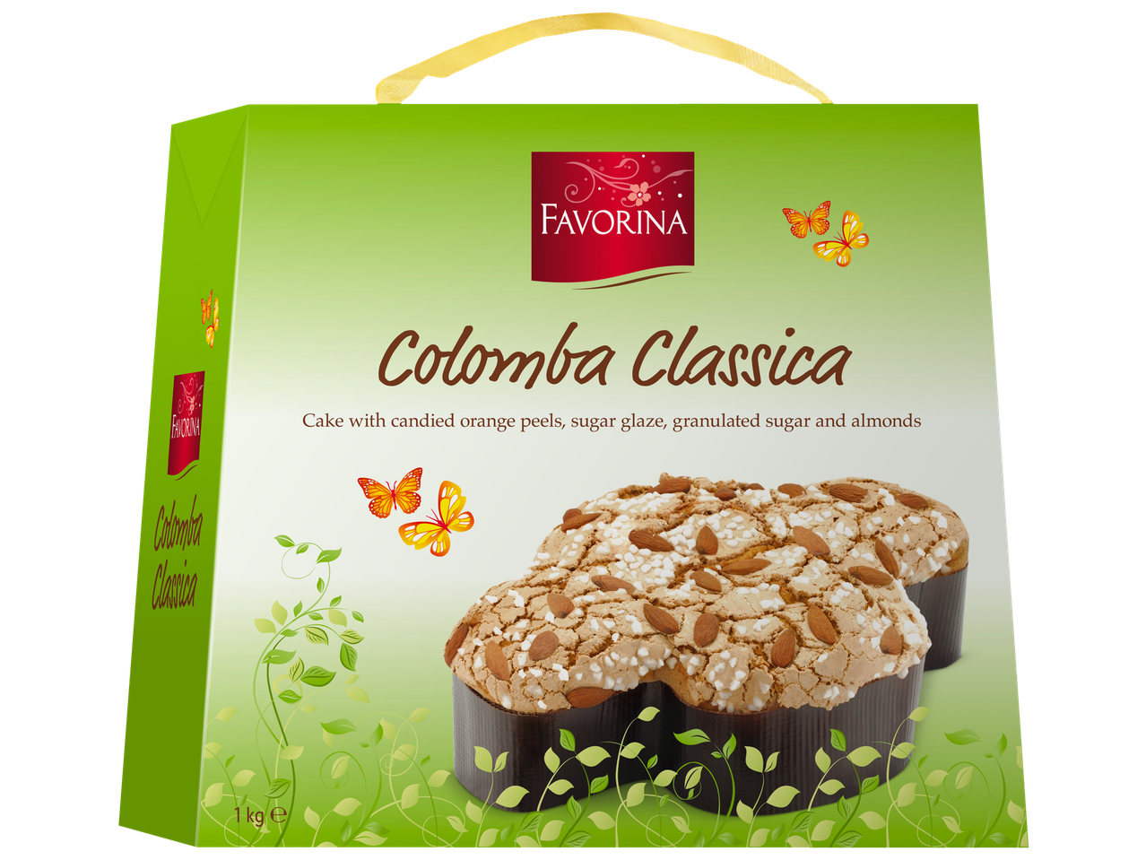 Favorina Colomba Classica: pyragas su kandituota apelsinų žievele, cukraus glajumi ir migdolais.