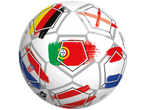 Bola de futebol com designs de bandeiras de países (Alemanha, Inglaterra, Portugal, Croácia, Países Baixos, Áustria).