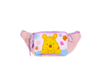 Bolsa de cintura rosa com o Winnie the Pooh e flores coloridas.