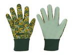 Pair of gardening gloves with a tropical leaf pattern on the back and green polka dots on the palm.