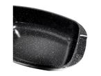 Close-up of a black roasting pan with a speckled non-stick coating
