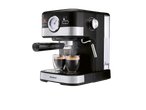 Espressor negru și argintiu preparând două cafele în cești de sticlă.