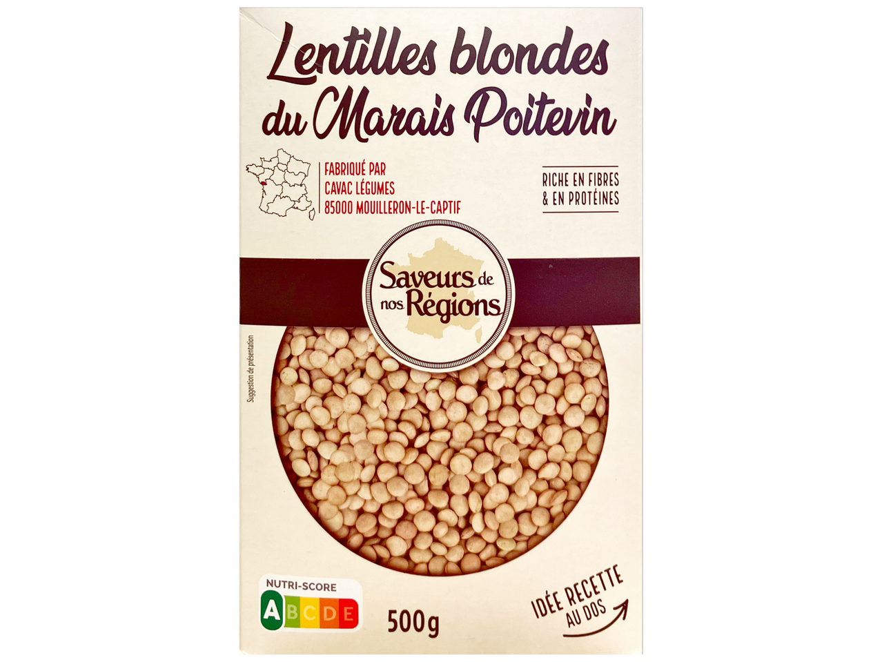 Paquet de lentilles blondes du Marais Poitevin, riches en fibres et protéines, avec Nutri-Score A.