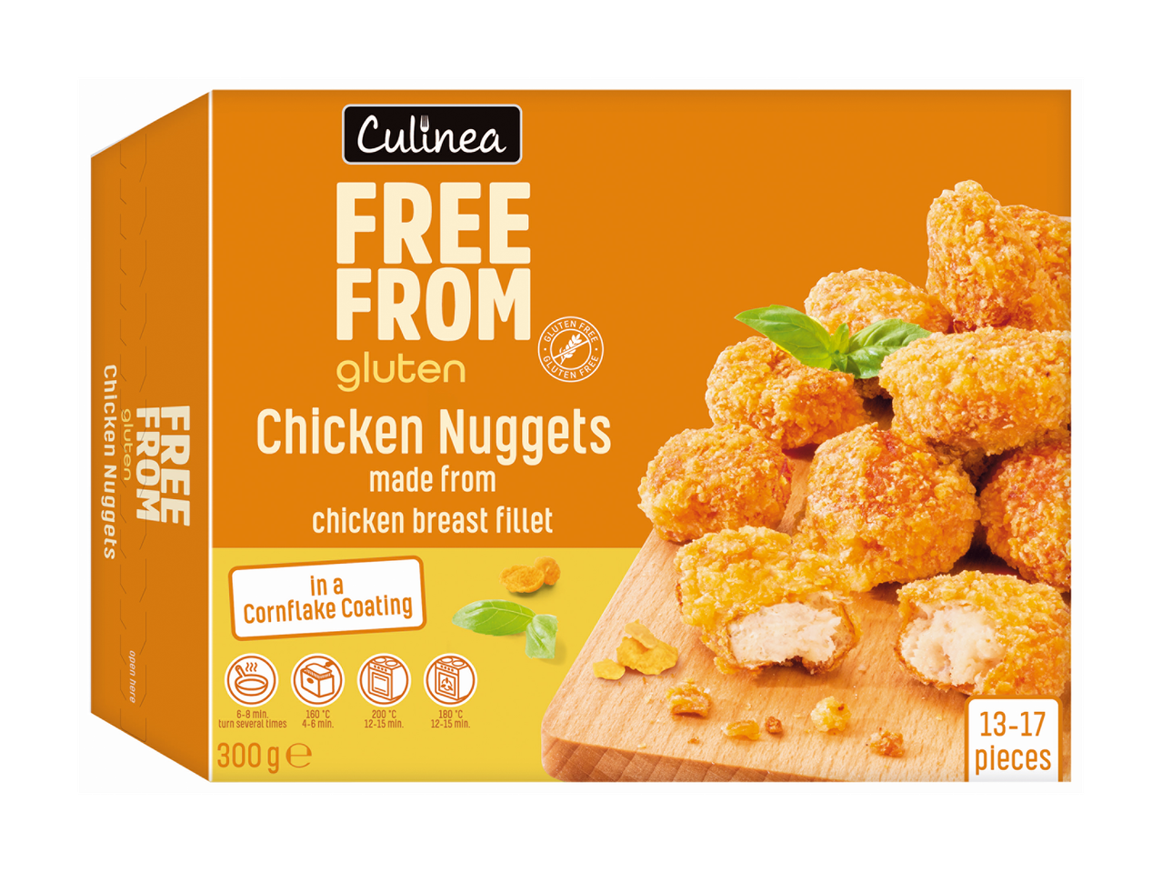 Verpakking glutenvrije kipnuggets met cornflakecoating, gemaakt van kipfilet.