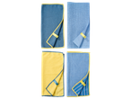 Quatro panos de microfibra; dois azuis e dois amarelos.