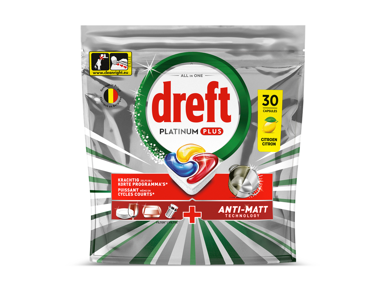 Verpakking met 30 vaatwastabletten met citroengeur, geschikt voor korte programma's en met anti-matte technologie.