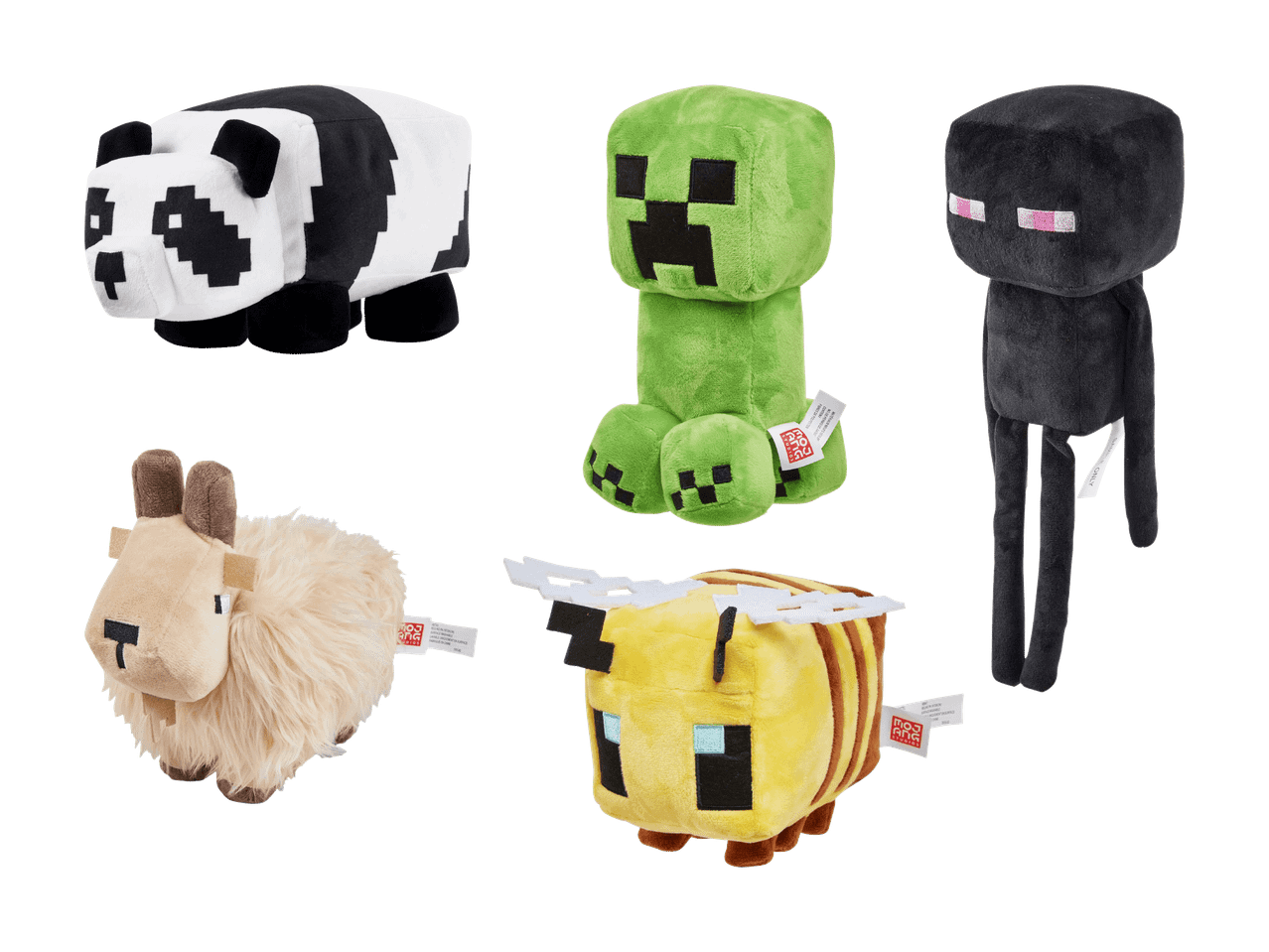 Peluche Minecraft: panda, creeper, enderman, chèvre et abeille.