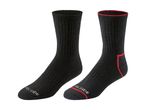 Two black socks, one with red accents on the cuff, heel, and toe.