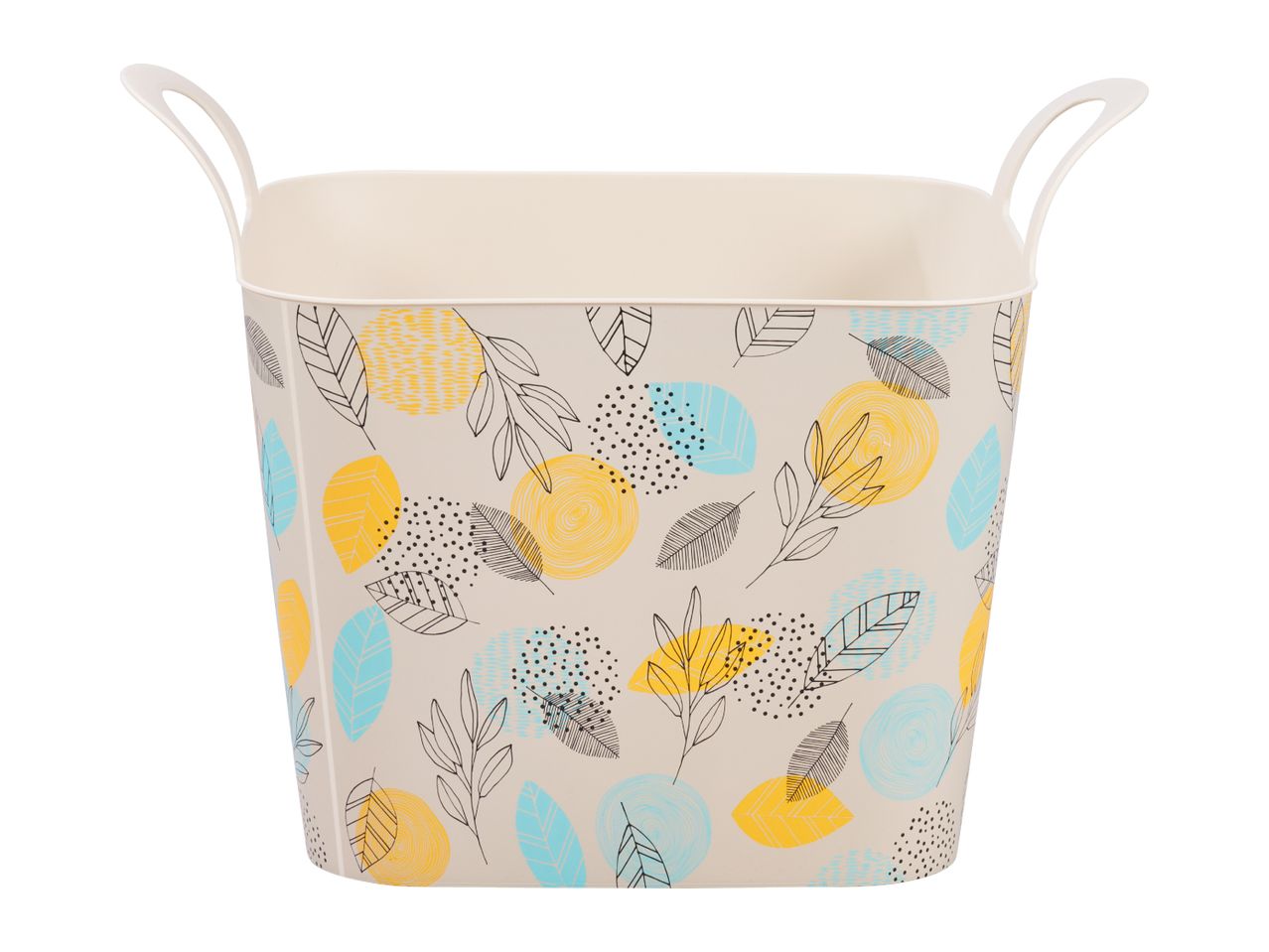 Beige plastic storage basket with handles and a colorful leaf pattern