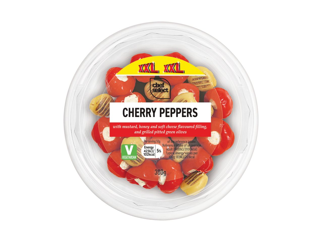 Del Real Cherry Peppers in a plastic container.