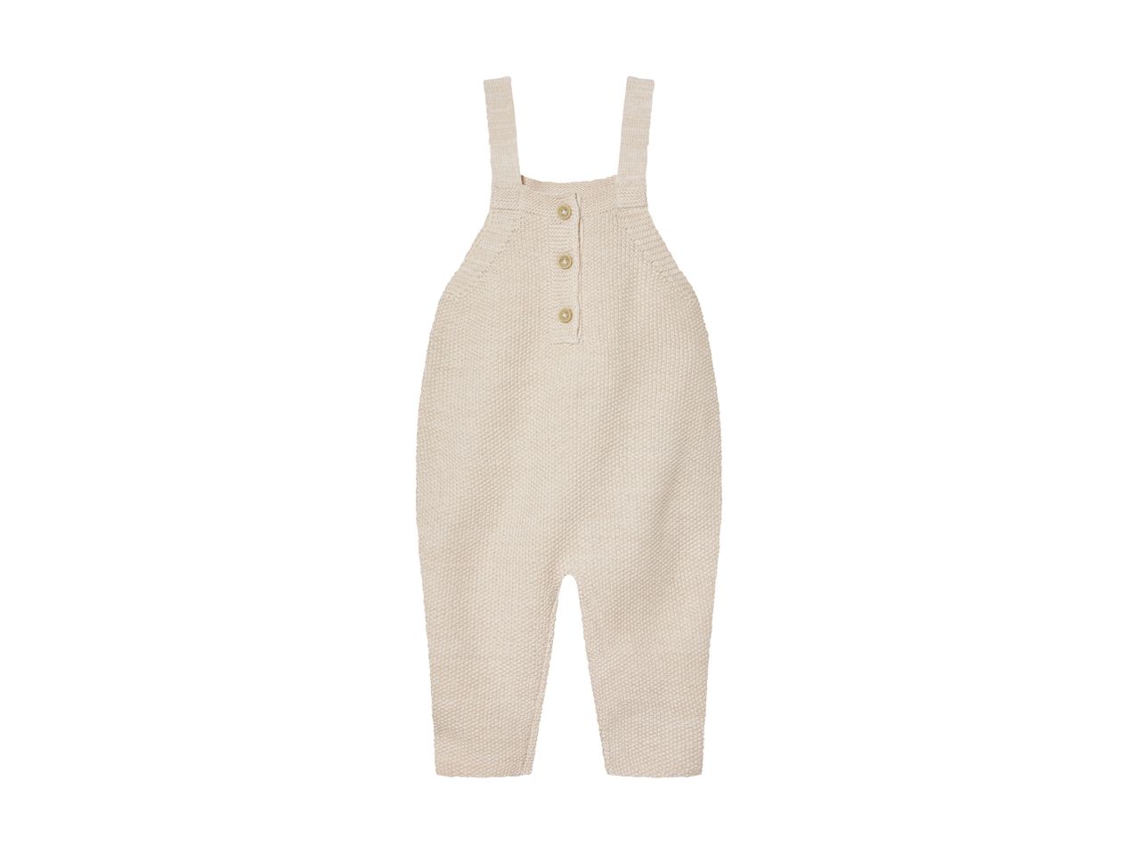 Beige strikket baby romper med knapper.