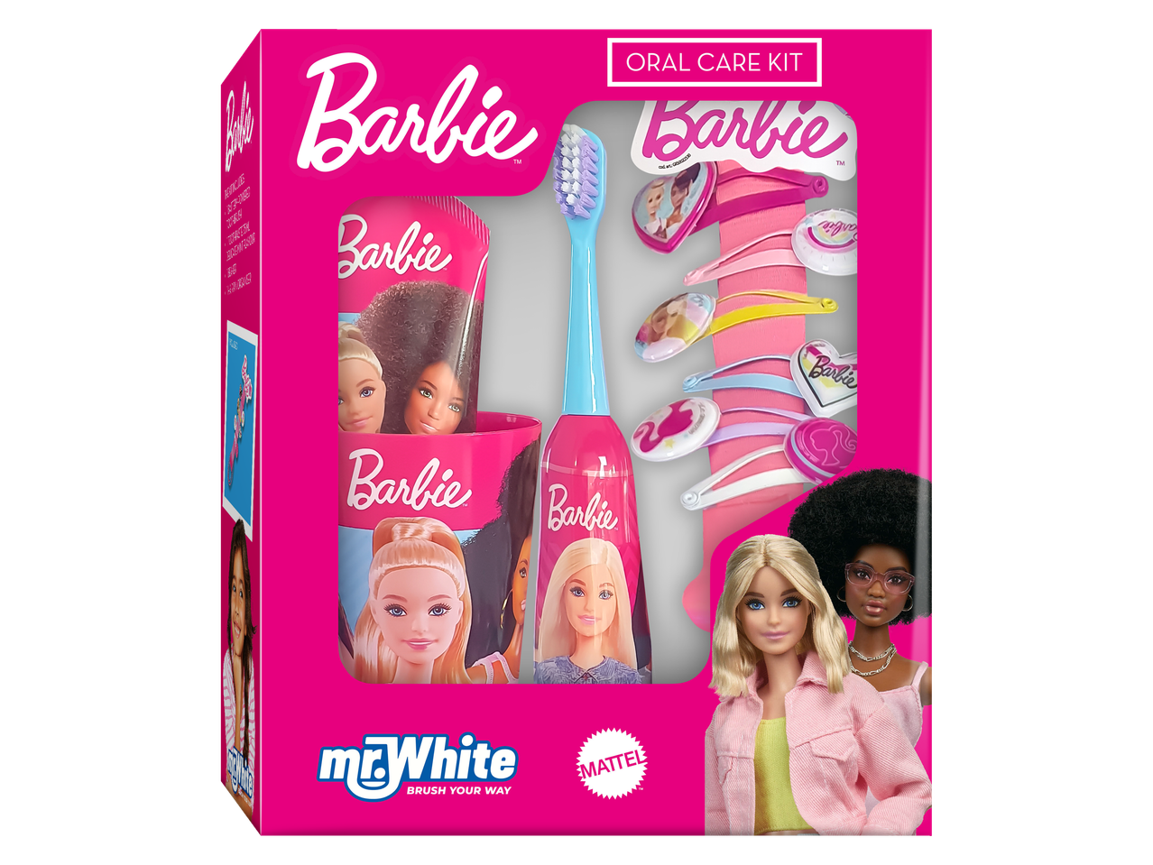 Barbie szájhigiéniai készlet fogkefével, fogkrémmel és Mr. White kiegészítőkkel.