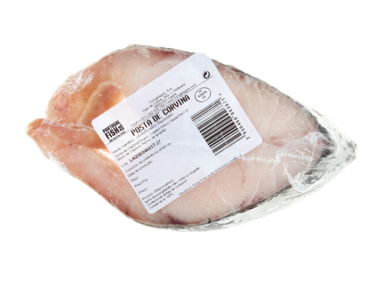 Posta de corvina ultracongelada com etiqueta de informações nutricionais e código de barras.