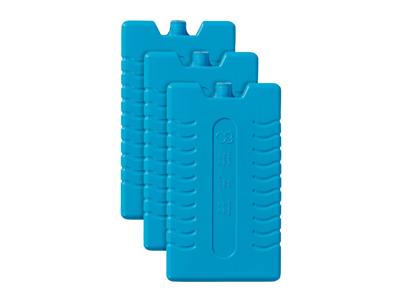 Three blue rectangular ice packs with wavy texture and text, stacked diagonally.