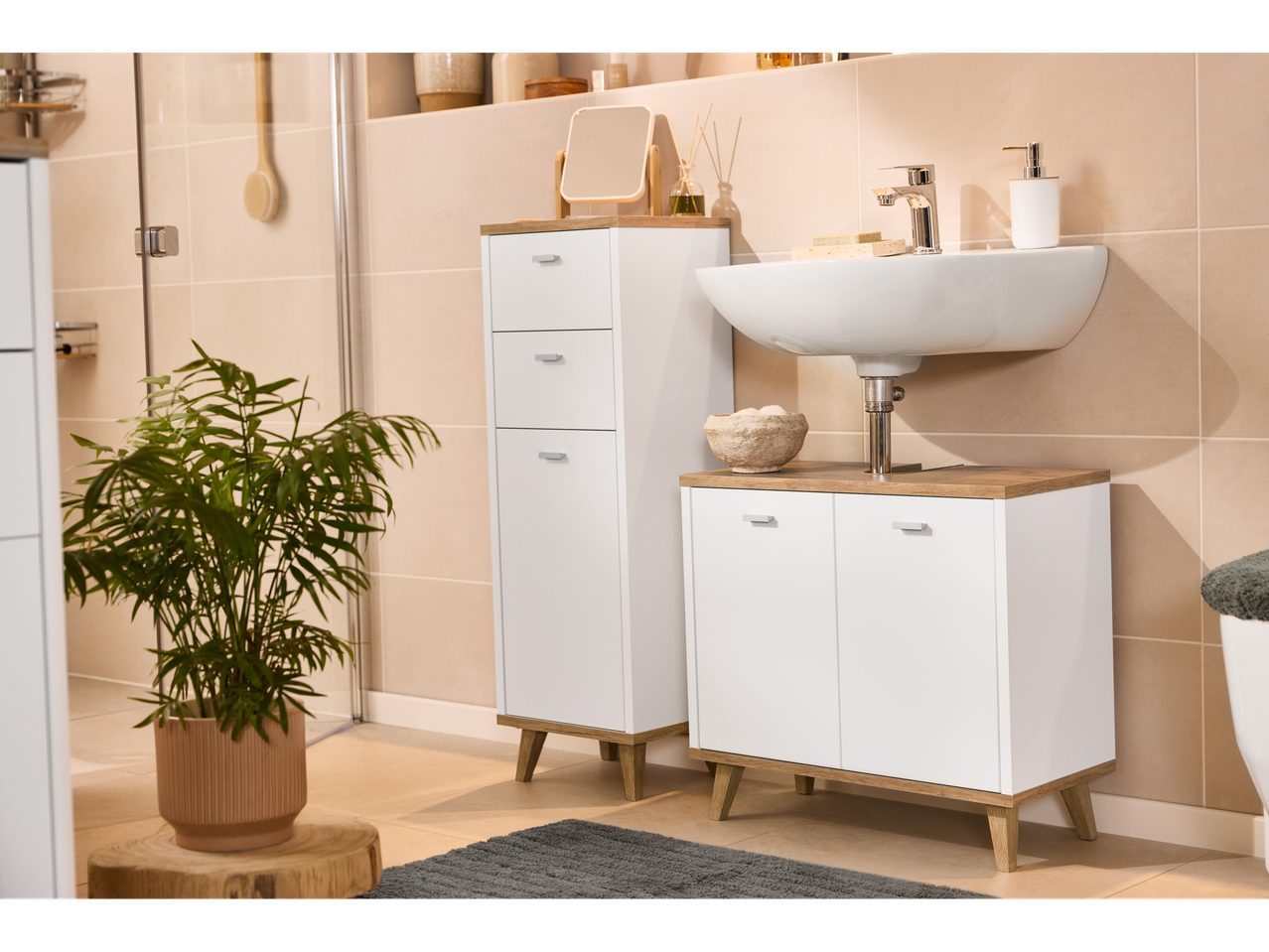 Livarno tall bathroom cabinet and vanity unit in a modern bathroom setting.