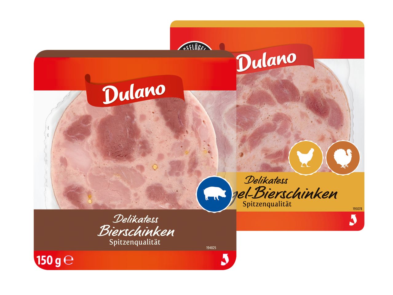 Zwei Packungen Dulano Delikatess Bierschinken (150g) in Plastikverpackung.