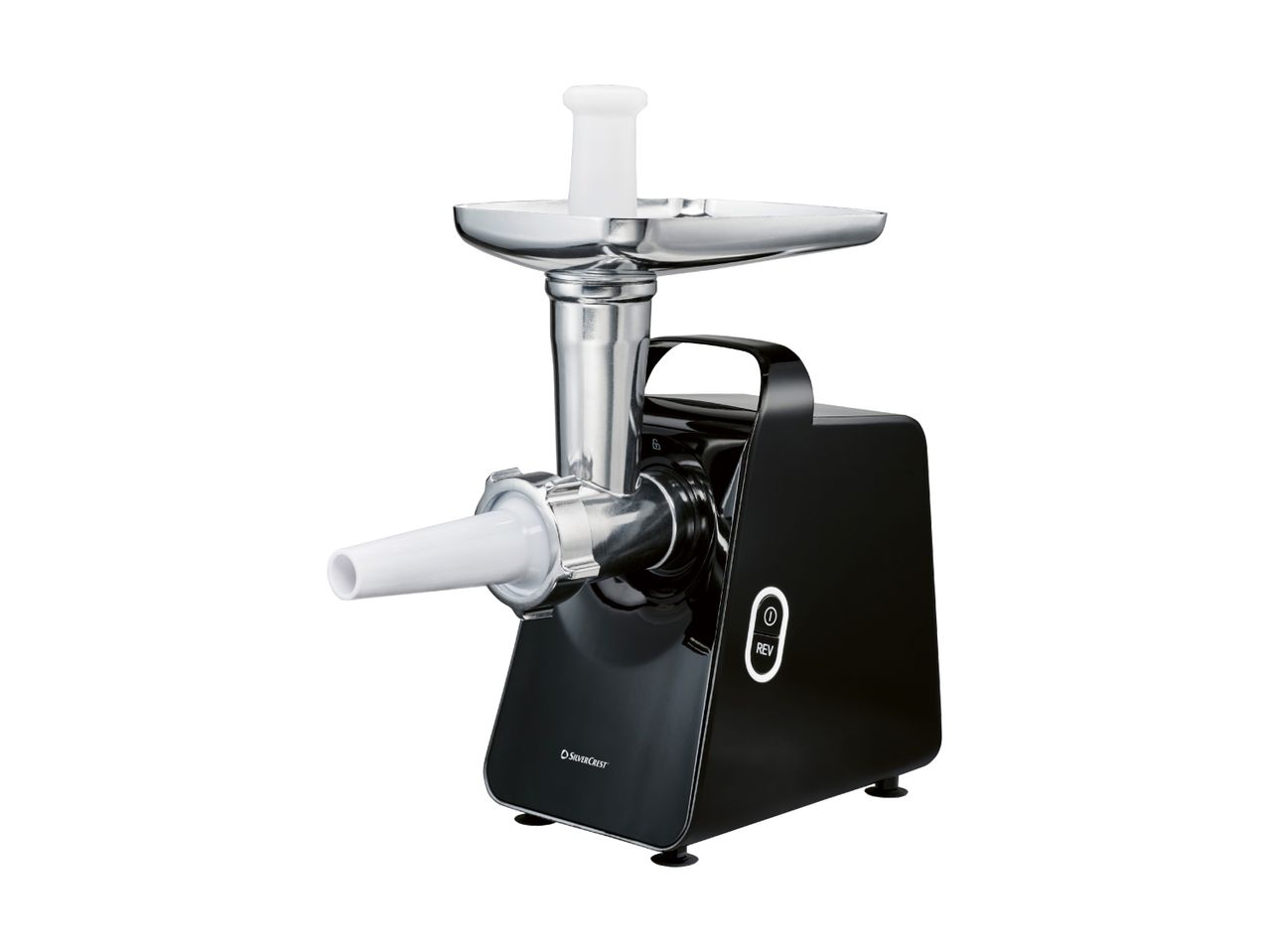 Black electric meat grinder with a silver feeding tray and white attachments.