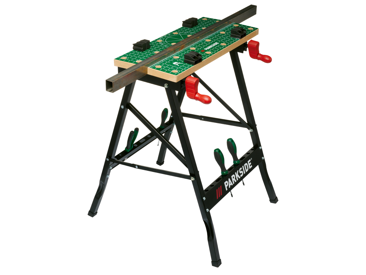 Сгъваема работна маса Parkside с менгеме и метална греда.