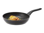 Black frying pan with roasted potatoes and vegetables.