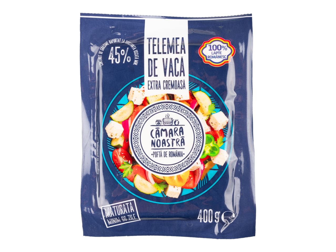 Brânză Telemea de Vacă Câmara Noastră, 400g, ambalaj.