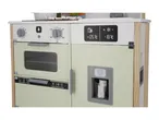 A toy kitchen with an oven, stove, and refrigerator with temperature displays and an ice dispenser.