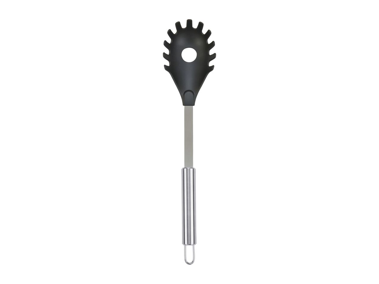 A black silicone pasta server with a stainless steel handle.