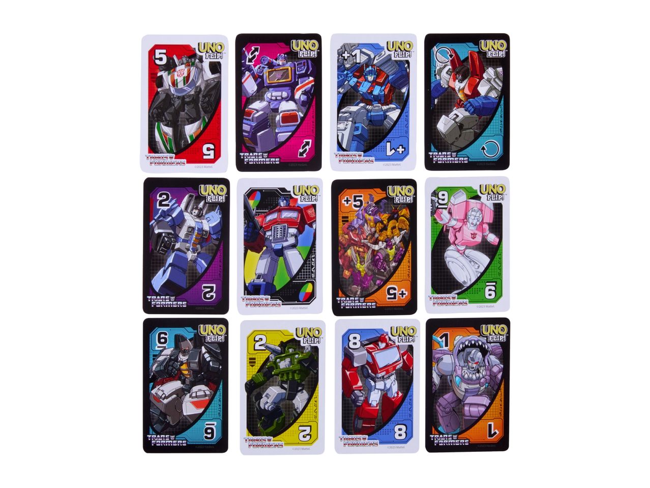 A collection of UNO Flip! cards featuring Transformers characters, including Optimus Prime and Soundwave.