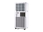A white portable air conditioner unit on wheels.