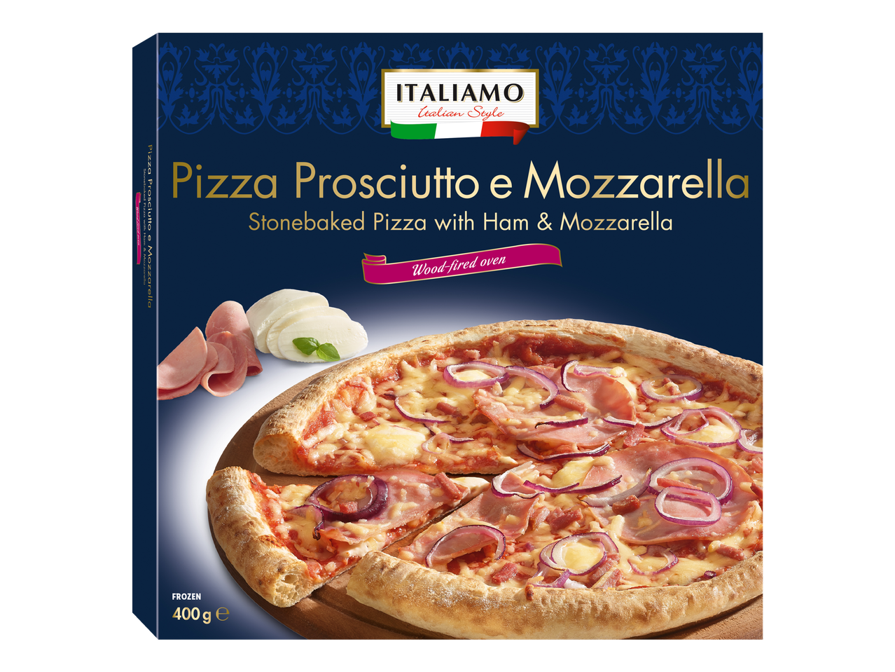 ITALIAMO itališko stiliaus pica Prosciutto e Mozzarella: kepta ant akmens picos su kumpiu ir mocarela.