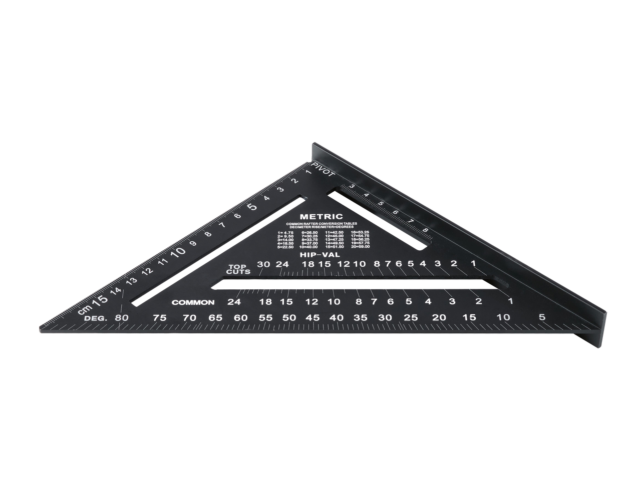 Fekete, háromszög alakú mérőeszköz, beosztásokkal és szögekkel, például 'cm 15', 'DEG. 80', 'PIVOT' és 'METRIC' feliratokkal.