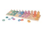 Wooden counting and shape sorting toy with colorful rings, numbers, and geometric shapes.