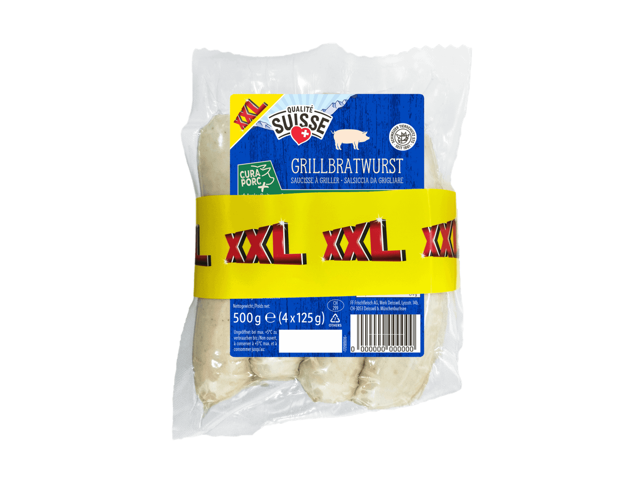 Paquet de 4 saucisses à griller XXL, 500g, avec étiquette bleue et jaune.