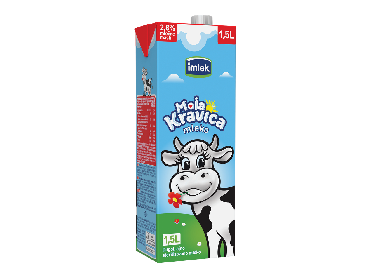 Imlek Moja Kravica mleko sa 2,8% mlečne masti u pakovanju od 1,5L.