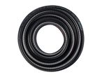 Black garden hose with white reinforcement, coiled, showing specifications like 6 bar working pressure.