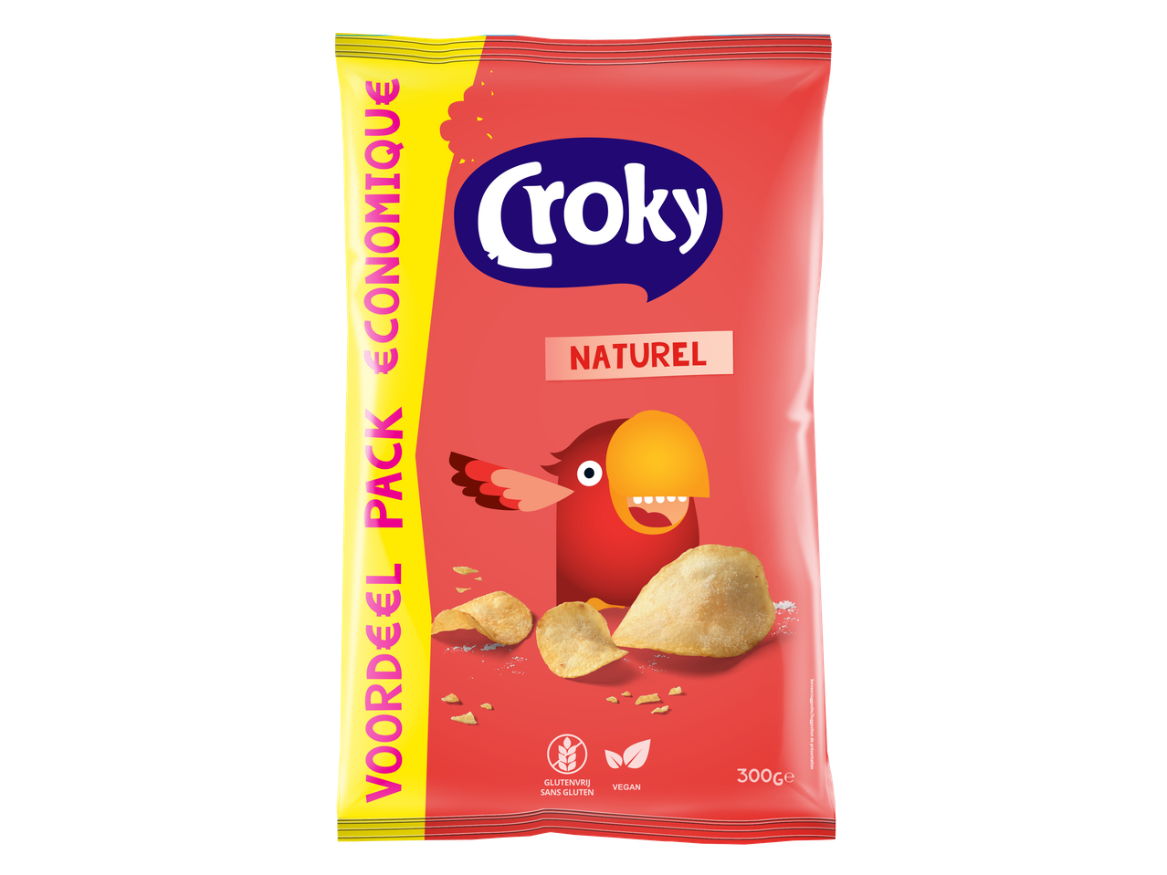 Croky Flatchips Naturel, voordeelpak van 300g, glutenvrij en vegan.