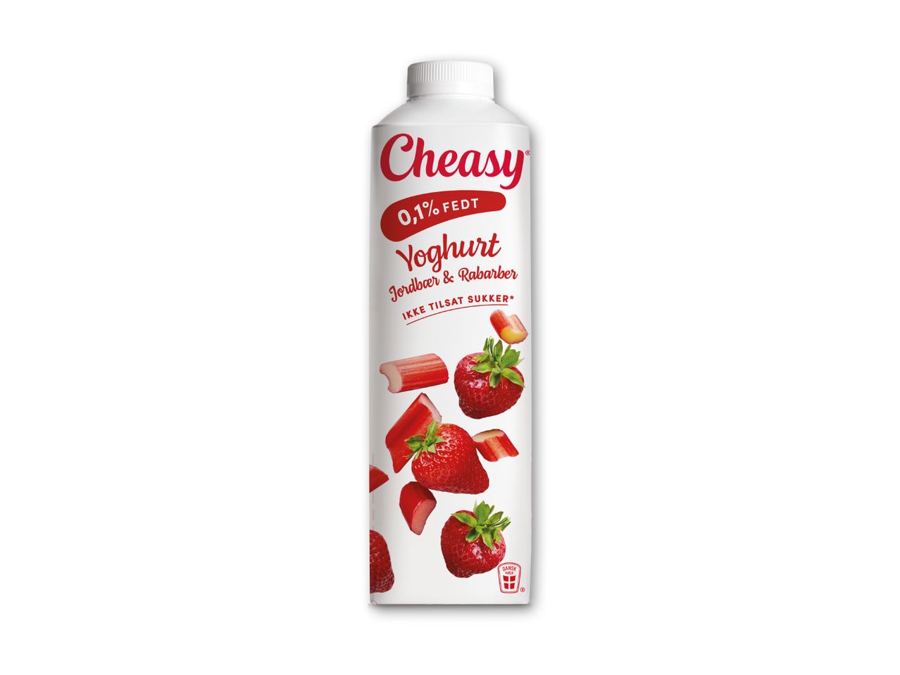 Cheasy 0,1% fedt yoghurt med jordbær og rabarber uden tilsat sukker.