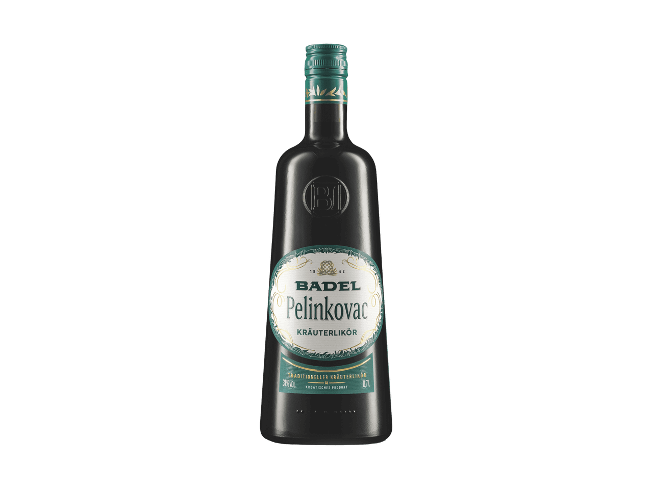 Eine Flasche Badel Pelinkovac Kräuterlikör.