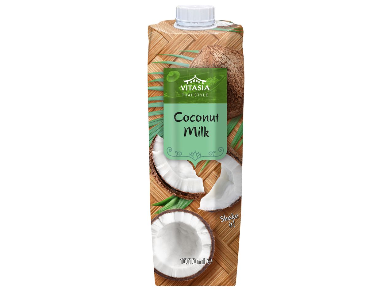 Картонена кутия кокосово мляко Vitasia с изображение на кокосови орехи.