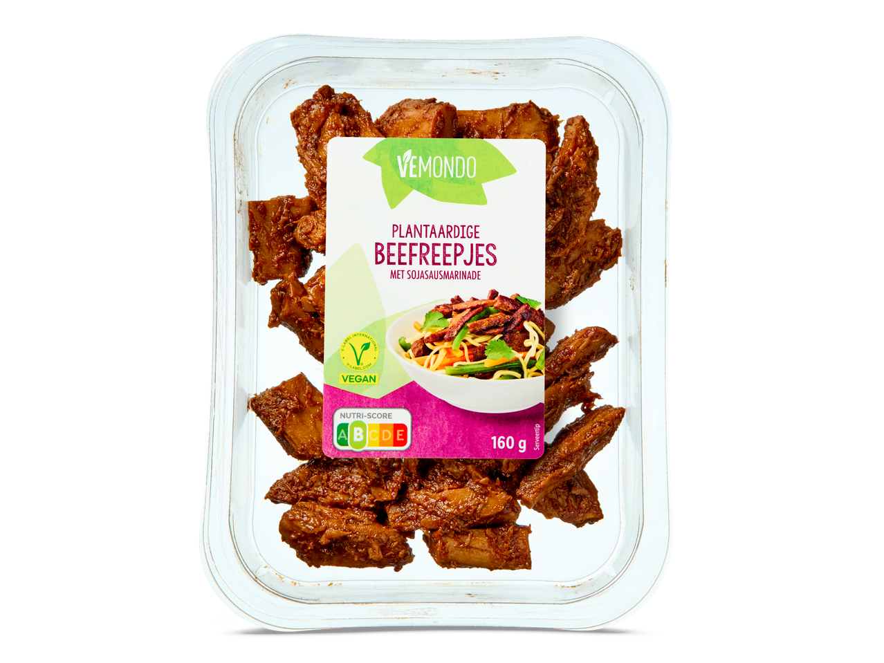 Vemondo plantaardige beefreepjes, vegan, in sojasausmarinade.