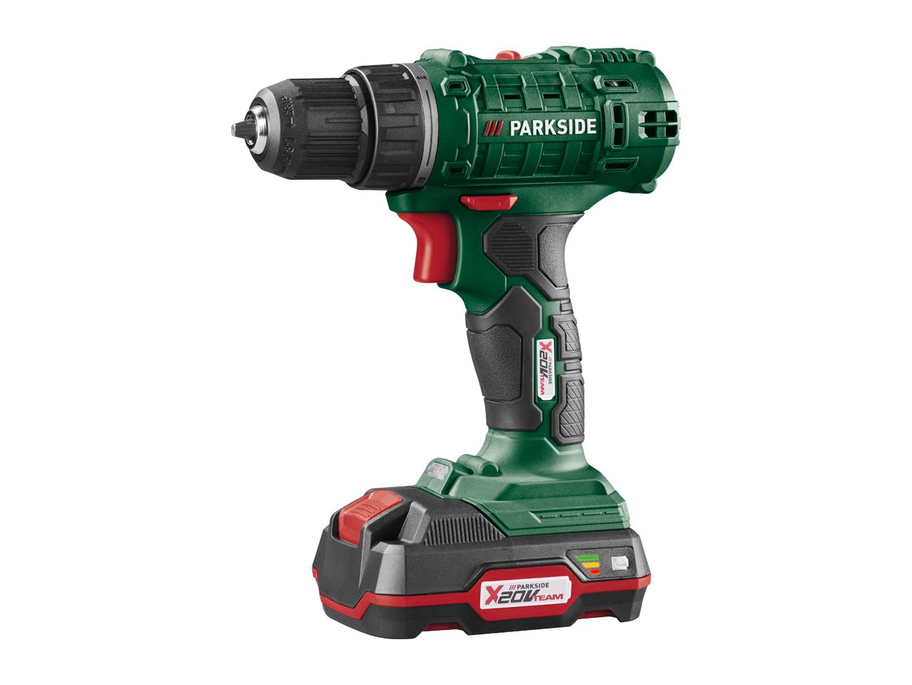 Cordless drill with a battery pack, featuring a green and black design with red accents.