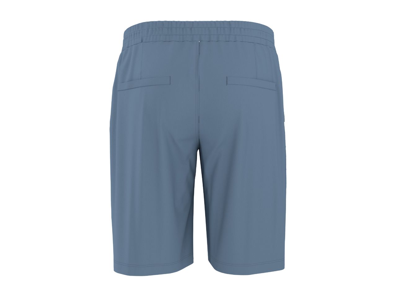 Back view of men's blue shorts with an elasticated waist and two back pockets.